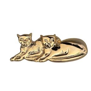 Pair Siamese Cat Brooch Shiny and Brushed Gold Tone 2” Pin